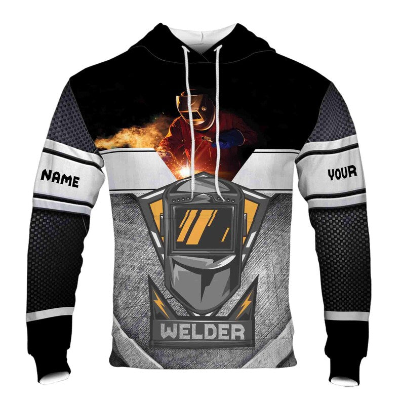 Custom Name Welder Mask Welding Spark Metal Pattern Black Gray Hoodie 3D