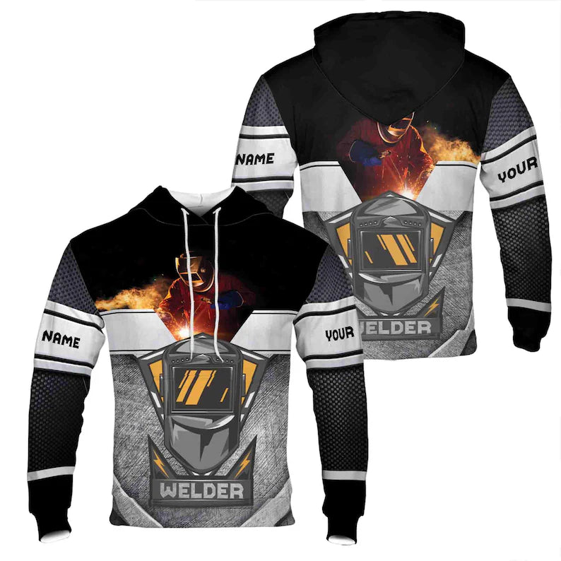 Custom Name Welder Mask Welding Spark Metal Pattern Black Gray Hoodie 3D