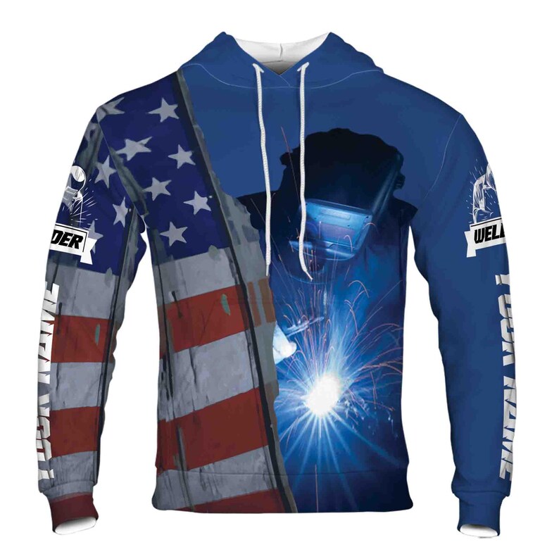 Custom Name Welder Welding Spark USA Flag Blue Hoodie 3D