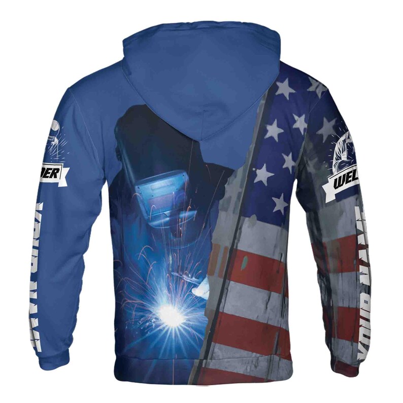 Custom Name Welder Welding Spark USA Flag Blue Hoodie 3D