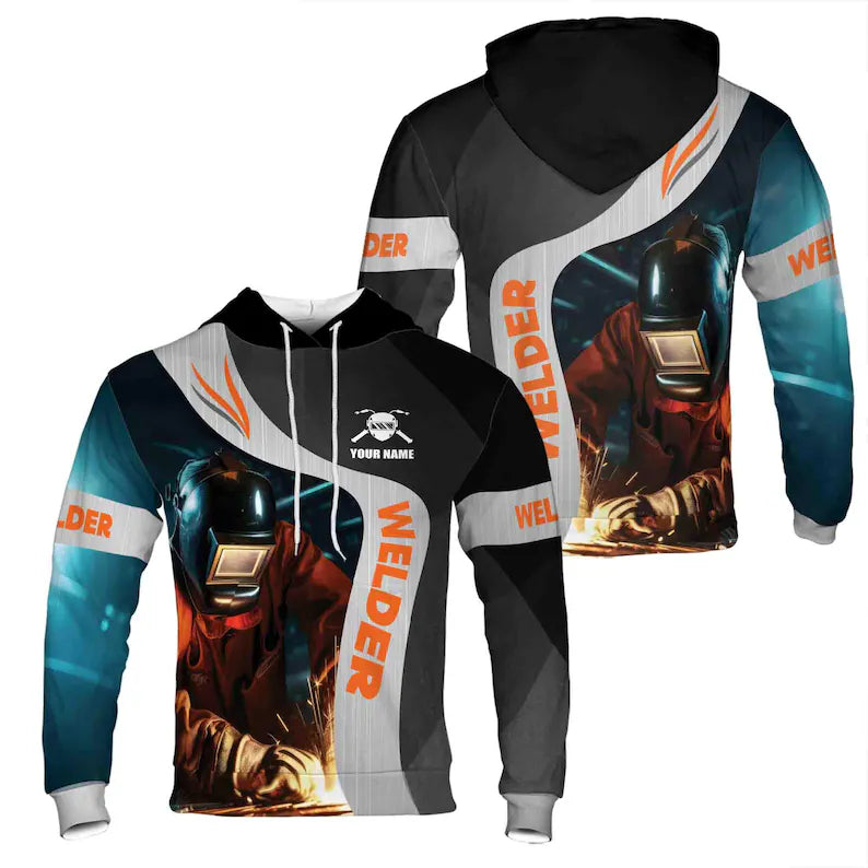 Custom Name Welder Mask Welding Spark Night Shift Black Silver Hoodie 3D