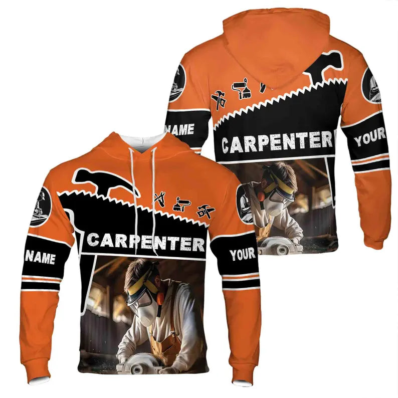 Custom Name Carpenter Woodworker Tools Black Orange Hoodie 3D