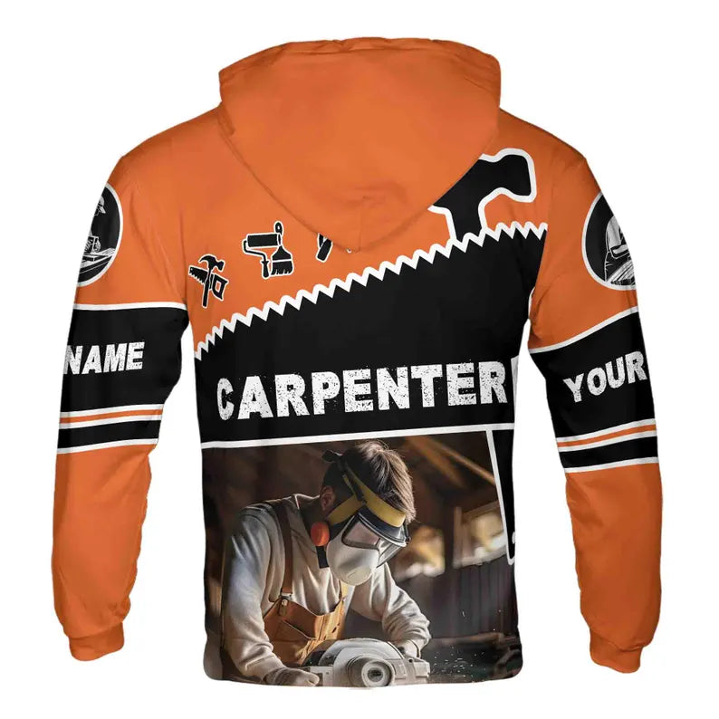 Custom Name Carpenter Woodworker Tools Black Orange Hoodie 3D