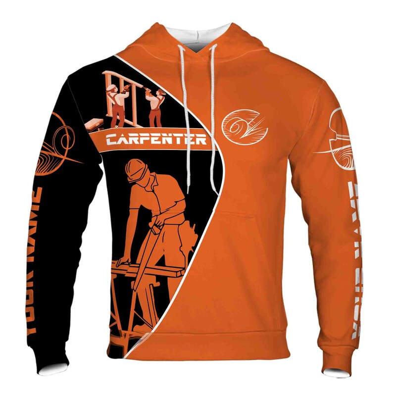 Custom Name Carpenter Woodworker Tools Construction Black Orange Hoodie 3D