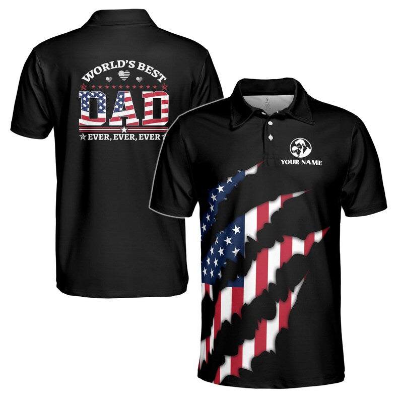 Personalized World's Best Dad Polo Shirt, USA Flag Print Custom Name
