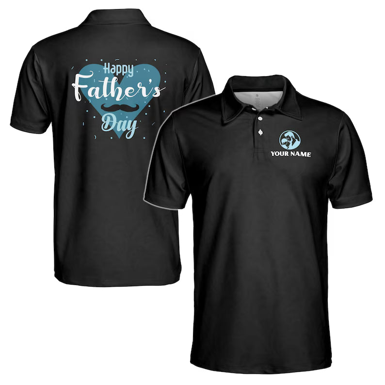 Customize Name Dad Child Mustache Heart Black 3D Men's Polo Shirt