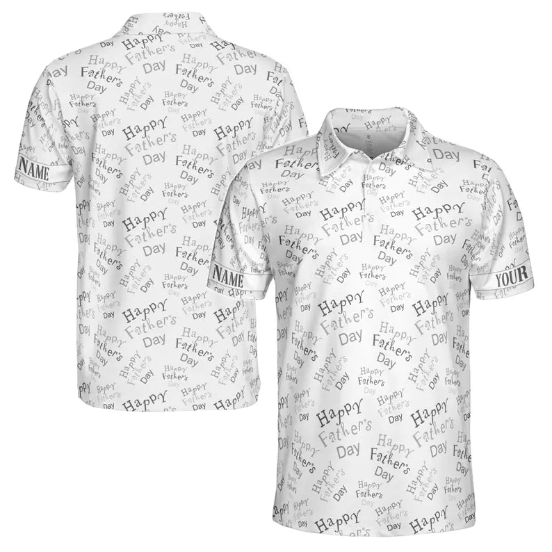 Customize Name Happy Dad Quote Pattern White Gray 3D Men's Polo Shirt