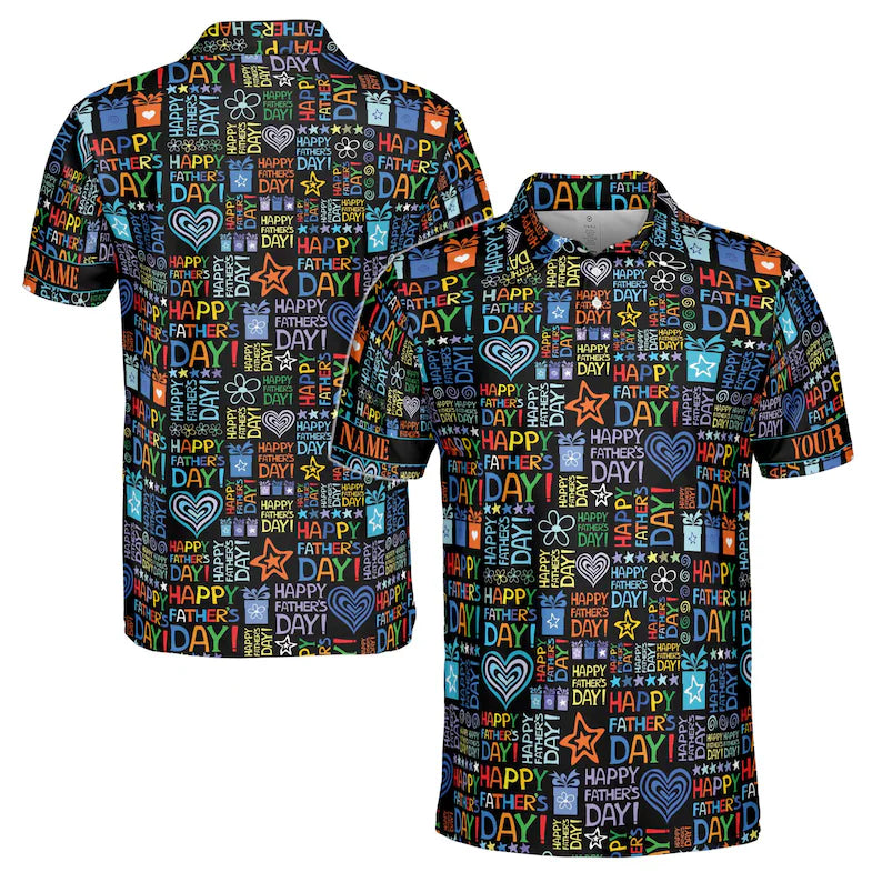 Customize Name Dad Hearts Quote Pattern Black Colorful 3D Men's Polo Shirt