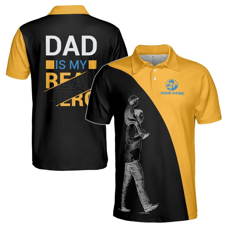 Customize Name Dad My Real Hero Black Yellow 3D Men's Polo Shirt