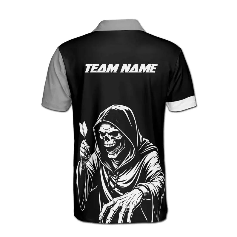 Customize Name Darts Grim Reaper Skeleton Rose Black Grey 3D Men's Polo Shirt
