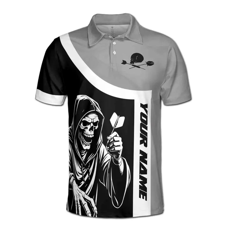 Customize Name Darts Grim Reaper Skeleton Rose Black Grey 3D Men's Polo Shirt