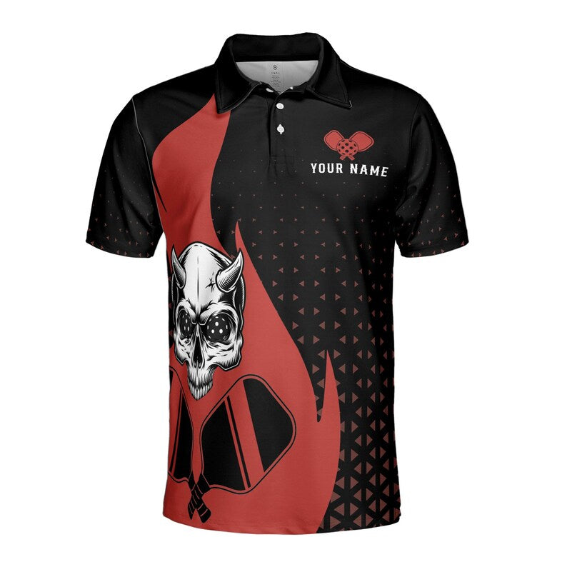 Customize Name Pickleball Paddle Flaming Horned Skull Black Red 3D Men's Polo Shirt