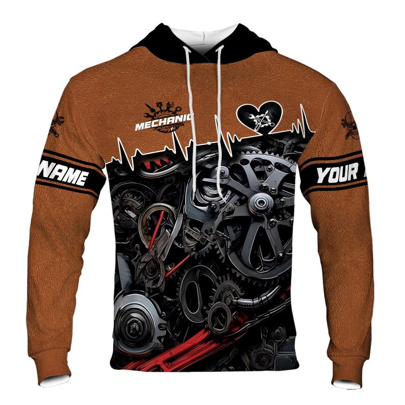 Custom Name Mechanic Heart Gears Leather Black Brown Hoodie 3D