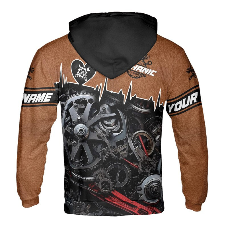 Custom Name Mechanic Heart Gears Leather Black Brown Hoodie 3D