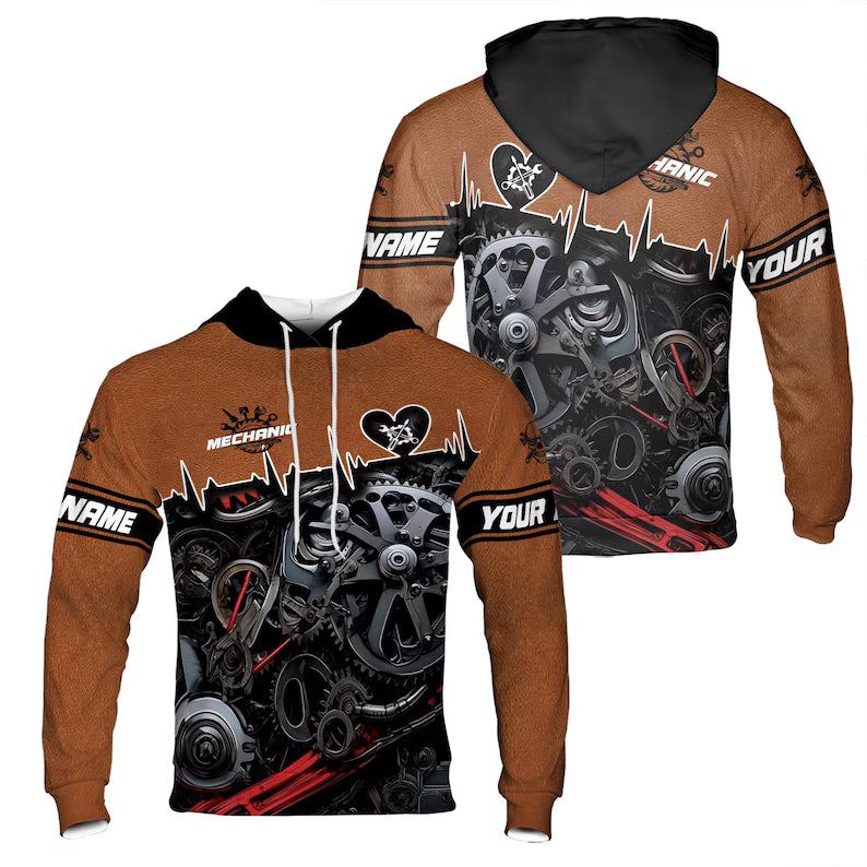 Custom Name Mechanic Heart Gears Leather Black Brown Hoodie 3D