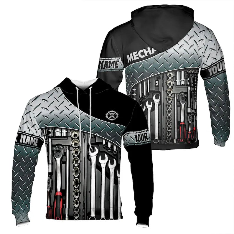 Custom Name Mechanic Tools Tread Plate Pattern Black Silver Hoodie 3D