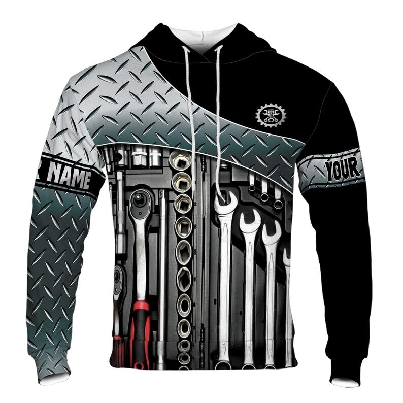 Custom Name Mechanic Tools Tread Plate Pattern Black Silver Hoodie 3D