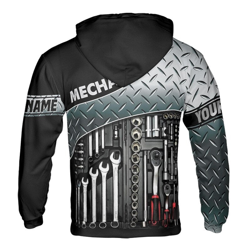 Custom Name Mechanic Tools Tread Plate Pattern Black Silver Hoodie 3D