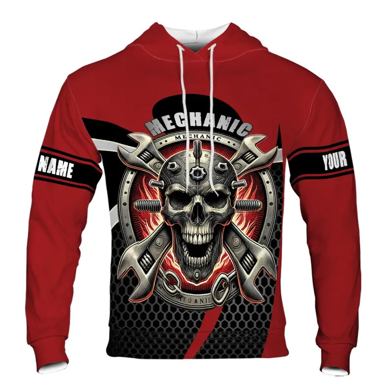 Custom Name Mechanic Tool Skull Gears Red Hoodie 3D