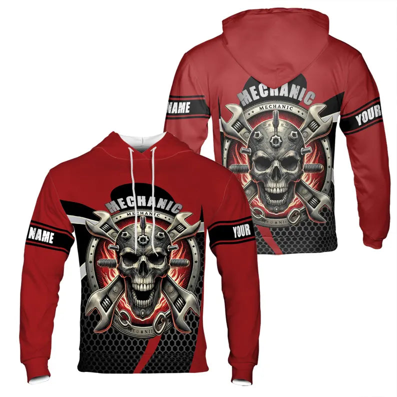 Custom Name Mechanic Tool Skull Gears Red Hoodie 3D