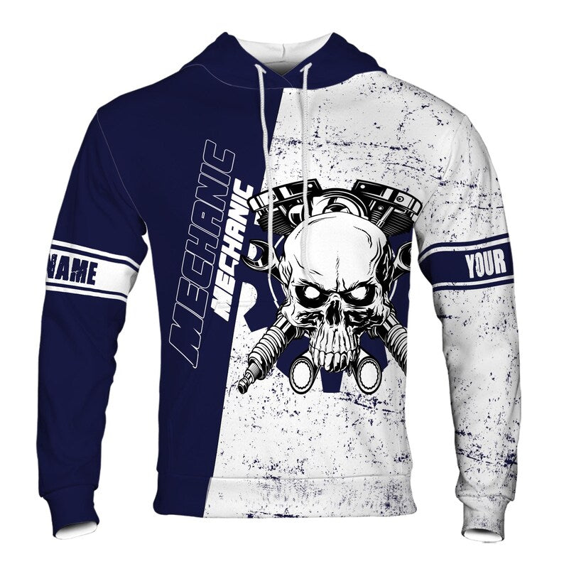 Custom Name Mechanic Skull Gears Dark Blue White Hoodie 3D