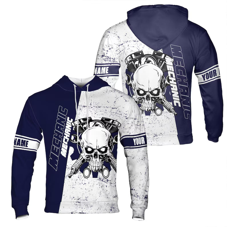 Custom Name Mechanic Skull Gears Dark Blue White Hoodie 3D