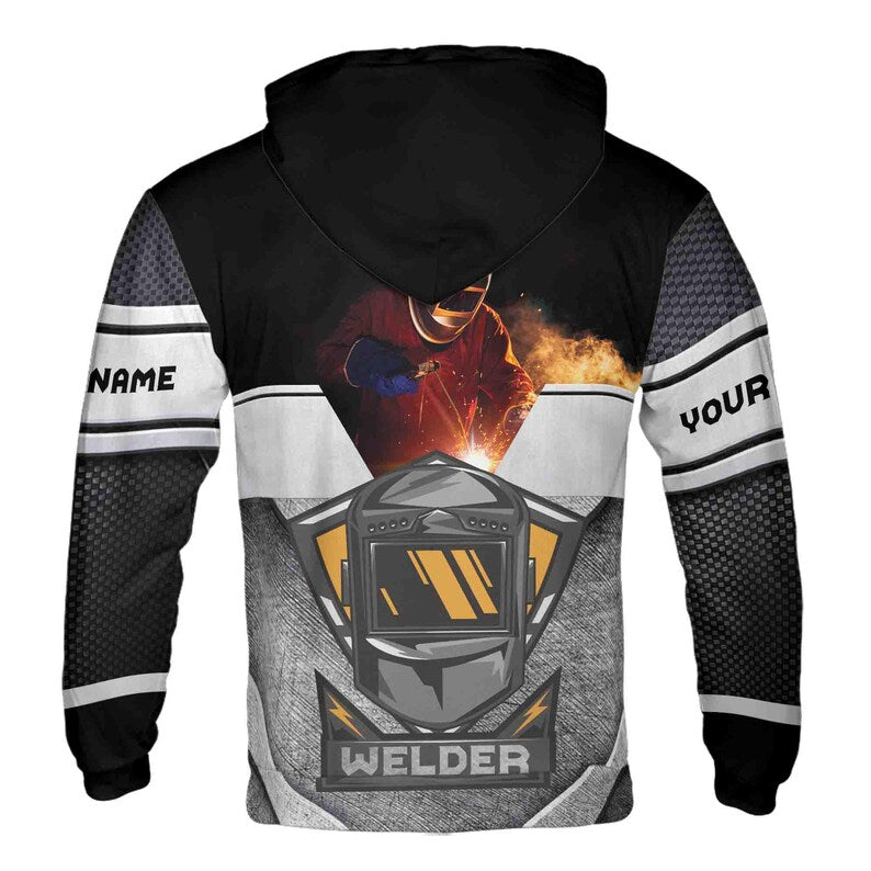Custom Name Welder Mask Welding Spark Metal Pattern Black Gray Hoodie 3D
