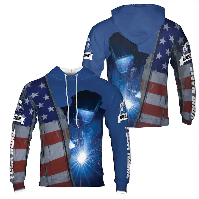 Custom Name Welder Welding Spark USA Flag Blue Hoodie 3D