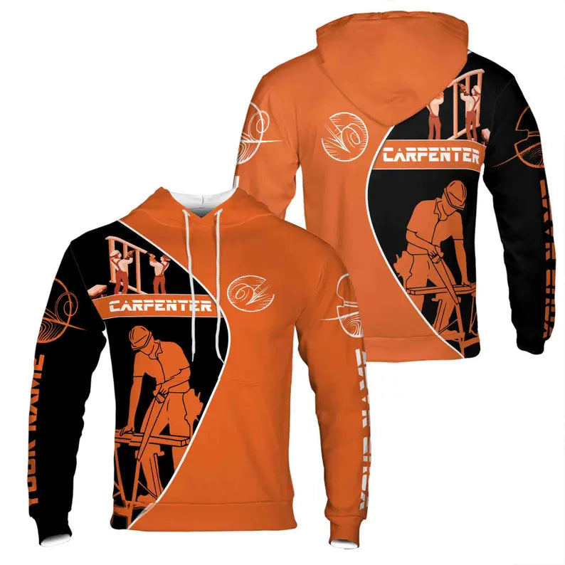 Custom Name Carpenter Woodworker Tools Construction Black Orange Hoodie 3D