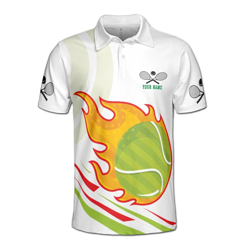 Customize Name Tennis Ball Racket American Flag White 3D Men's Polo Shirt