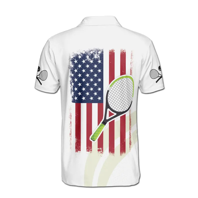 Customize Name Tennis Ball Racket American Flag White 3D Men's Polo Shirt