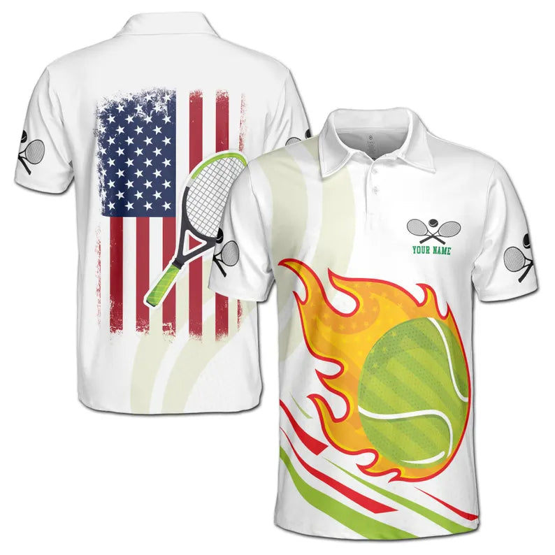 Customize Name Tennis Ball Racket American Flag White 3D Men's Polo Shirt