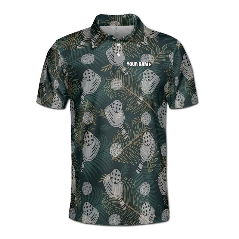 Customize Name Pickleball Paddle Leaves Pattern Dark Green 3D Men's Polo Shirt