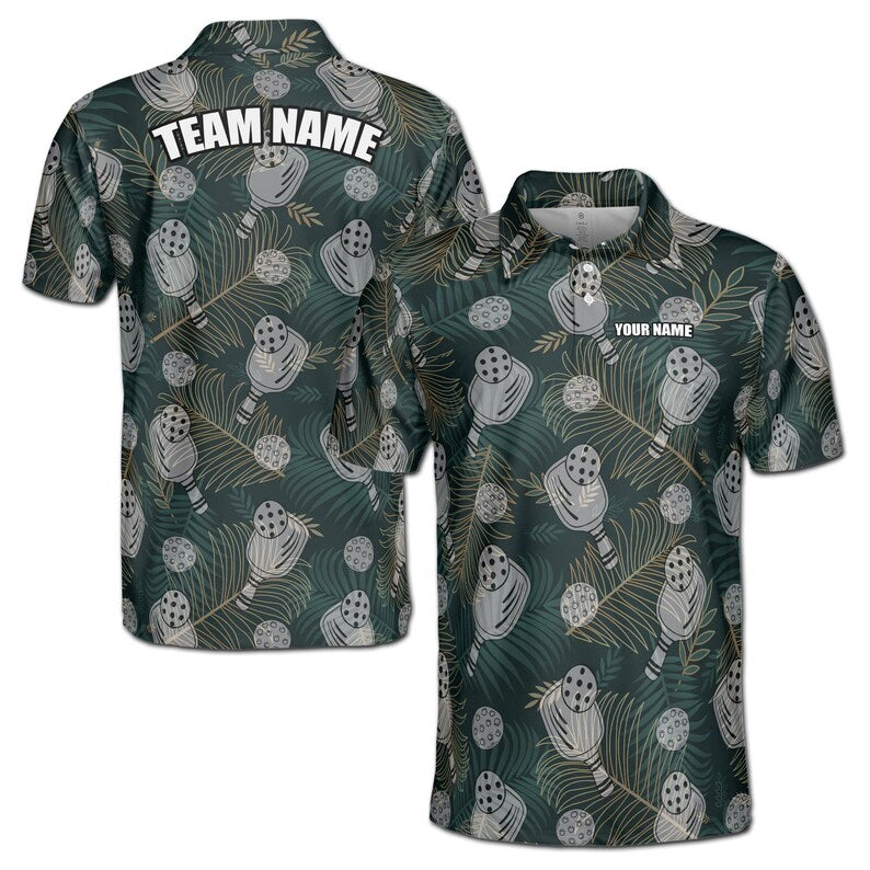 Customize Name Pickleball Paddle Leaves Pattern Dark Green 3D Men's Polo Shirt