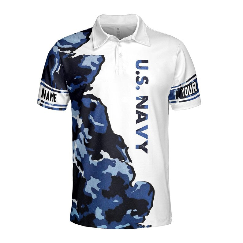 Customize Name Camo Pattern Navy Veteran Blue White Men's Polo Shirt