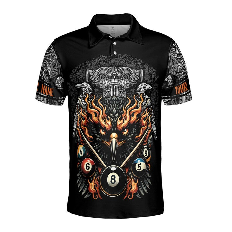 Customize Name Billiard Balls Flaming Eagle Tribal Pattern Black 3D Men's Polo Shirt