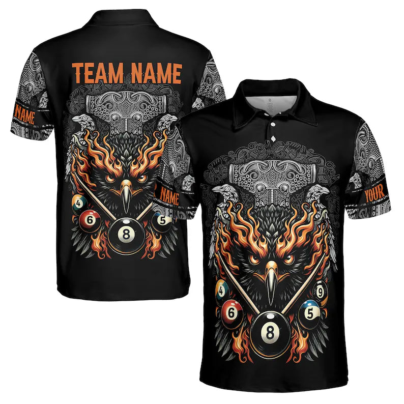 Customize Name Billiard Balls Flaming Eagle Tribal Pattern Black 3D Men's Polo Shirt