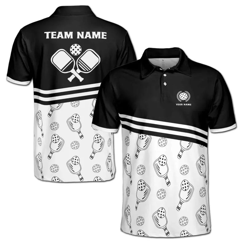 Customize Name Pickleball Paddle Olive Wreath Pattern Black White 3D Men's Polo Shirt