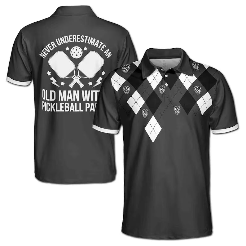 Pickleball Paddle Skull Never Underestimate An Old Man Black White 3D Men's Polo Shirt