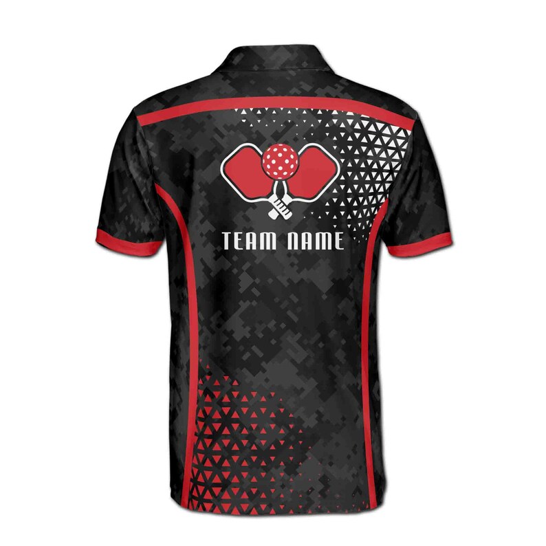 Customize Name Pickleball Paddle Geometric Pattern Black Red 3D Men's Polo Shirt