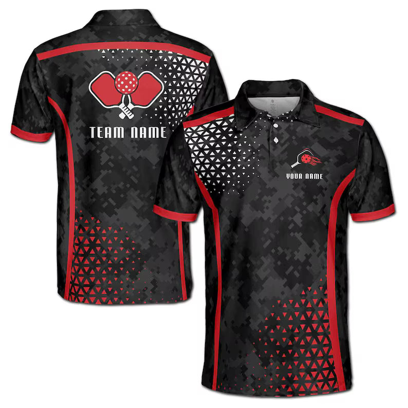 Customize Name Pickleball Paddle Geometric Pattern Black Red 3D Men's Polo Shirt