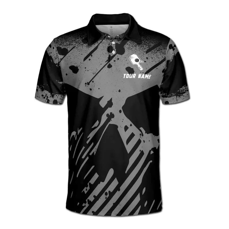 Customize Name Pickleball Paddle Skull Grunge Black 3D Men's Polo Shirt
