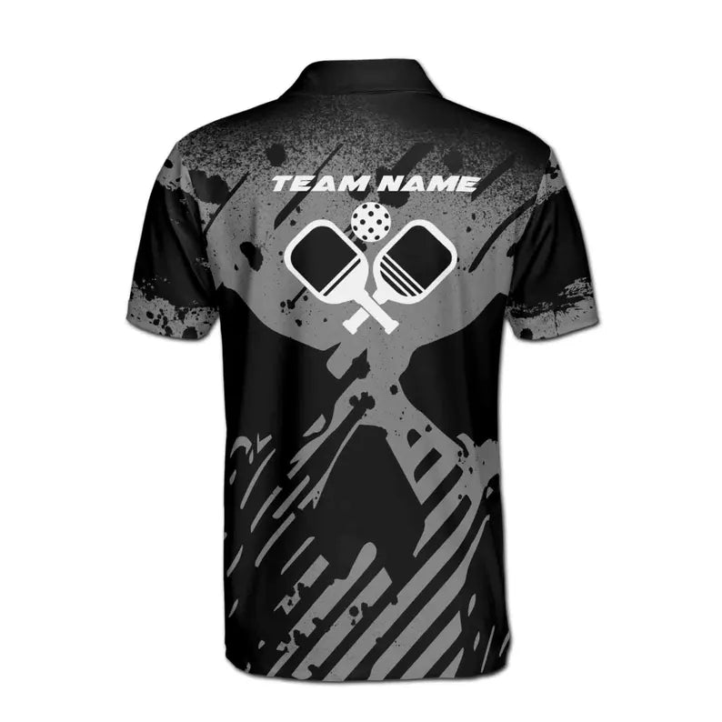 Customize Name Pickleball Paddle Skull Grunge Black 3D Men's Polo Shirt