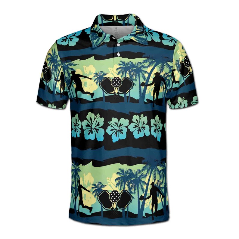 Pickleball Paddle Players Tropical Pattern Black Blue 3D Men's Polo Shirt