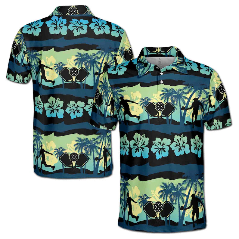 Pickleball Paddle Players Tropical Pattern Black Blue 3D Men's Polo Shirt