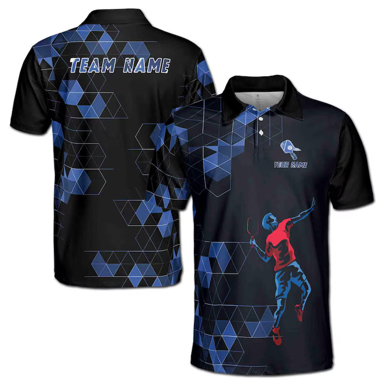 Customize Name Pickleball Paddle Player Geometric Black Blue 3D Men's Polo Shirt