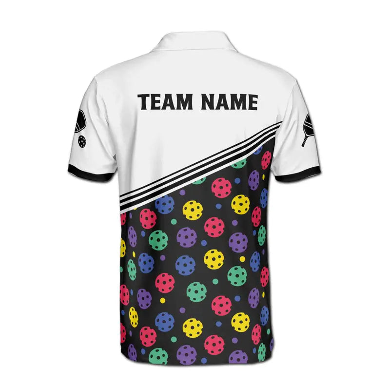 Customize Name Pickleball Paddle Colorful Balls White Black 3D Men's Polo Shirt