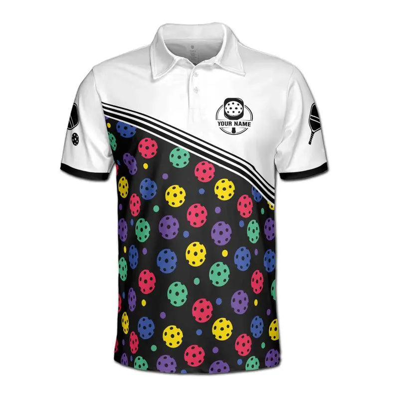 Customize Name Pickleball Paddle Colorful Balls White Black 3D Men's Polo Shirt