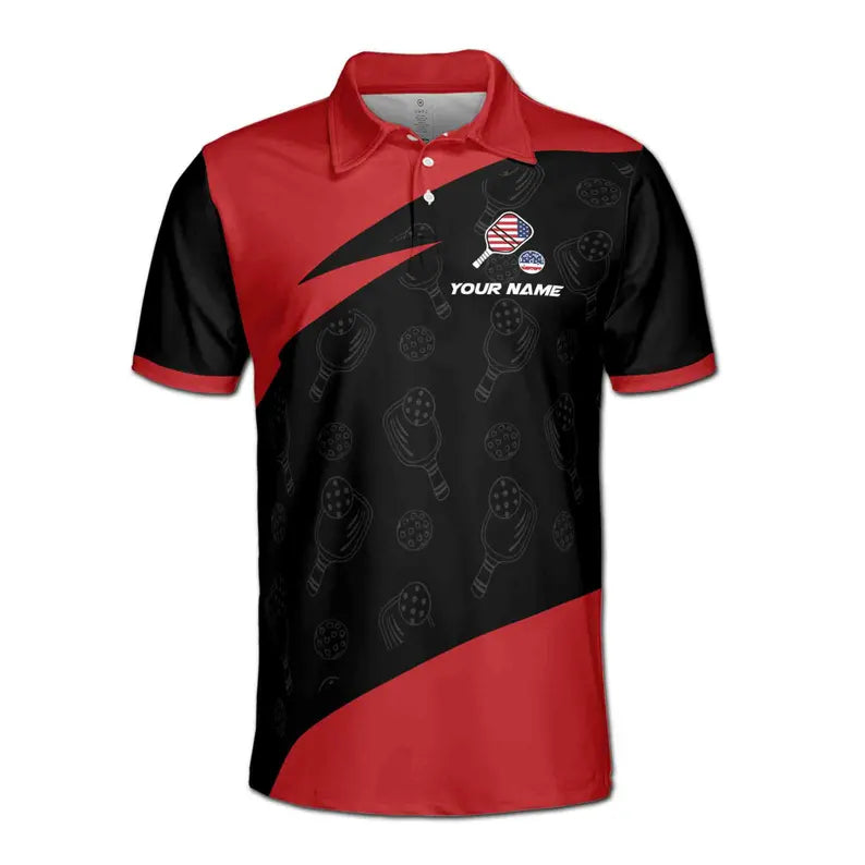 Customize Name Pickleball Paddle USA Flag Pattern Black Red 3D Men's Polo Shirt