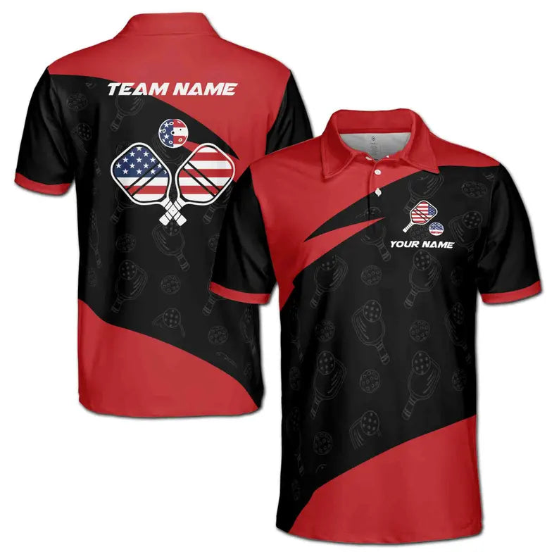 Customize Name Pickleball Paddle USA Flag Pattern Black Red 3D Men's Polo Shirt